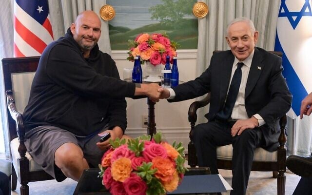 This handout photo shows Prime Minister Benjamin Netanyahu meeting with US Senator John Fetterman, a Democrat from Pennsylvania, at Blair House in Washington, DC, on July 29, 2026. (Ma’ayan Toaf/GPO)
