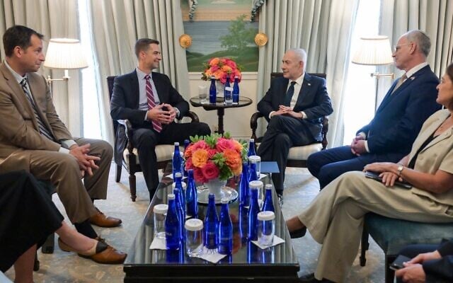 This handout photo shows Prime Minister Benjamin Netanyahu meeting with US Senator Tom Cotton, a Republican from Arkansas, at Blair House in Washington, DC, on July 29, 2026. (Ma’ayan Toaf/GPO)
