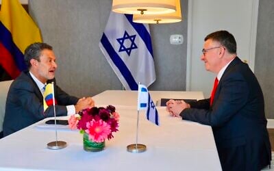 Colombia's incoming foreign minister Omar Bola Escobar (left) meets with Foreign Minister Gideon Sa'ar in Washington on July 14, 2026. (Shmulik Almany/Foreign Ministry)