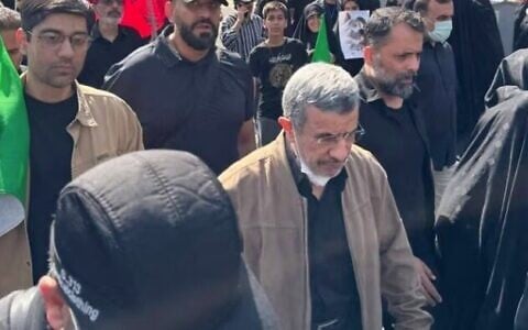 Iran’s former president Mahmoud Ahmadinejad, pictured at the funeral of Ayatollah Ali Khamenei (Screenshot via social media)