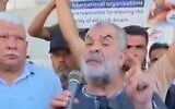 Nasser Esleem speaks at a protest over the killing of his son, Ahmad Esleem, who was shot by IDF troops while transporting aid into the Gaza Strip via the Kerem Shalom Crossing, on July 11, 2026. (Screenshot via X, used in accordance with Clause 27a of the Copyright Law)