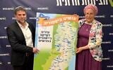 Finance Minister Bezalel Smortrich, left, and Settlements Minister Orit Strock announce a government plan for dozens of new settlements in the West Bank, July 14, 2026. (Courtesy Religious Zionism)