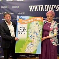 Finance Minister Bezalel Smortrich, left, and Settlements Minister Orit Strock announce a government plan for dozens of new settlements in the West Bank, July 14, 2026. (Courtesy Religious Zionism)