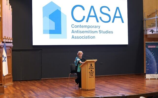 Former US Special Envoy to Monitor and Combat Antisemitism Deborah Lipstadt addresses attendees at the Contemporary Antisemitism conference in Haifa, July 7, 2026 (Yaniv Kopple)