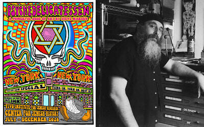 Left, the Psychedelicatessen exhibition poster, 2026. Right, The artist Steve Marcus in his New York City studio, 2018. (Steve Marcus, Sid Kaplan) Left, the Psychedelicatessen exhibition poster, 2026. Right, The artist Steve Marcus in his New York City studio, 2018. (Steve Marcus, Sid Kaplan)