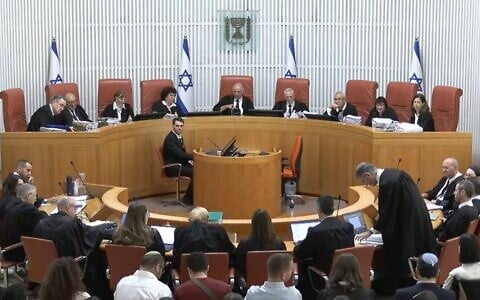 A High Court of Justice hearing at the Supreme Court in Jerusalem on petitions seeking to overturn a law freezing the arrests of Haredi draft dodgers, July 28, 2026. (Screenshot: YouTube/Israeli judiciary)