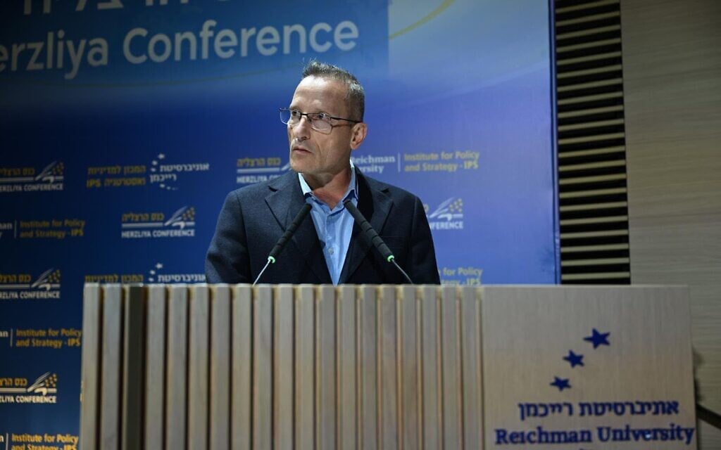 Defense Ministry Director General Amir Baram speaks at a conference at Reichman University in Herzliya, July 1, 2026. (Defense Ministry)