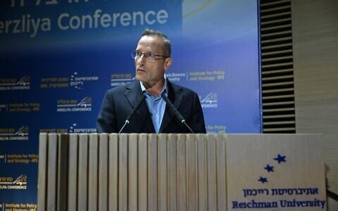 Defense Ministry Director General Amir Baram speaks at a conference at Reichman University in Herzliya, July 1, 2026. (Defense Ministry)
