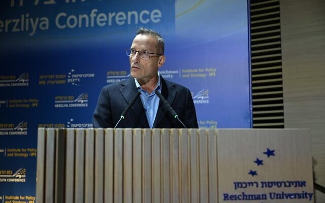 Defense Ministry Director General Amir Baram speaks at a conference at Reichman University in Herzliya, July 1, 2026. (Defense Ministry) Defense Ministry Director General Amir Baram speaks at a conference at Reichman University in Herzliya, July 1, 2026. (Defense Ministry)