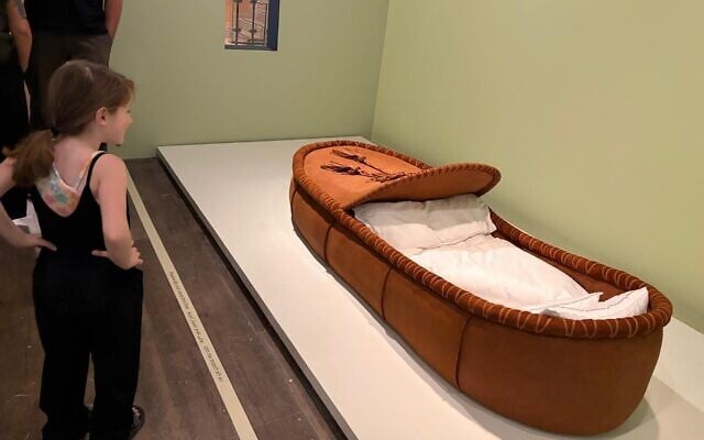 A slipper to sleep in, at the Israel Museum Youth Wing exhibit 'Shoe Stories,' which opened June 30, 2026 (Jessica Steinberg/Times of Israel) A slipper to sleep in, at the Israel Museum Youth Wing exhibit 'Shoe Stories,' which opened June 30, 2026 (Jessica Steinberg/Times of Israel)