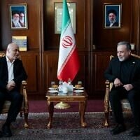 Iranian Foreign Minister Abbas Araghchi, right, meets with chairman of Hamas's Shura Council Muhammad Ismail Darwish, left, July 4, 2026. (Telegram channel of the Iranian Foreign Minister)