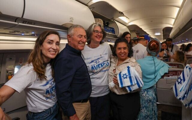 Jewish Agency chairman Doron Almog (2nd L) poses with new immigrants from France, July 6, 2026 (Elisha Hankin/Immigration and Absorption Ministry) Jewish Agency chairman Doron Almog (2nd L) poses with new immigrants from France, July 6, 2026 (Elisha Hankin/Immigration and Absorption Ministry)
