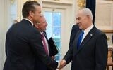 US Defense Secretary Pete Hegseth shakes hands with Prime Minister Benjamin Netanyahu in the Oval Office on July 28, 2026, alongside US special envoy Steve Witkoff. (GPO)