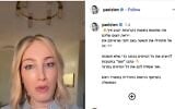 Screen capture from video of an ultra-Orthodox social media influencer speaking about preparations for the Tisha B'av fast. Bottom line of text reads 'in cooperation with the 'Haredi Authority in the Prime Minister's Office'. (Yael Zien)