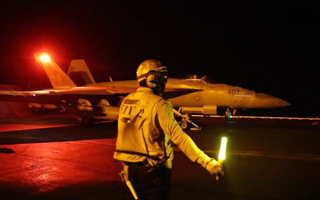 A screen capture from a video released by US Central Command shows a jet taking off during airstrikes against Iran on July 22, 2026. (Screen capture: CENTCOM)