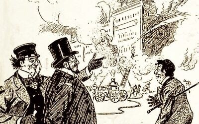 A cartoon from the July 4, 1900 issue of Puck, title 'No Envy,' shows stereotypically dressed Jews enjoying a building fire. (Courtesy NYU Press via JTA)