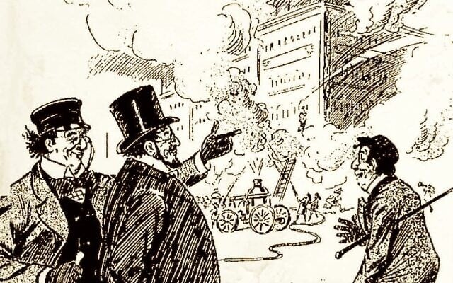 A cartoon from the July 4, 1900 issue of Puck, title 'No Envy,' shows stereotypically dressed Jews enjoying a building fire. (Courtesy NYU Press via JTA)
