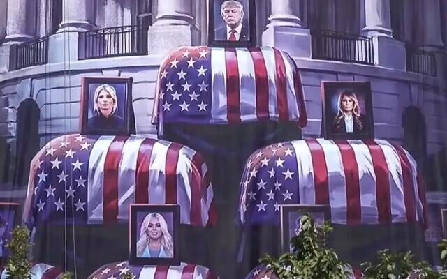 A giant poster displays Trump family coffins in Iran's Palestine Square, July 17, 2026. (Crux Youtube screenshot)