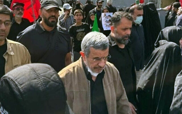 Iran’s former president Mahmoud Ahmadinejad, pictured at the funeral of Ayatollah Ali Khamenei (Screenshot via social media)