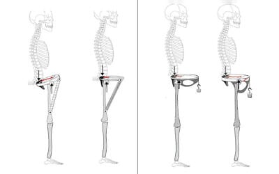 The male pelvis (L) returns energy while walking, while the female pelvis (R) disperses energy, according to a new study. (Tel Aviv University)