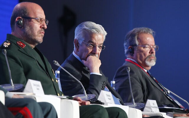 From left: Defence Ministers Hossein Dehghan of Iran, Khawaja Asif of Pakistan and Raul Jungmann of Brazil attend the annual Moscow Conference on International Security in Moscow, Russia, April 26, 2017. (Maxim Shemetov/Reuters)