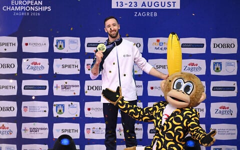Gold medalist Artem Dolgopyat of Israel poses during the medal ceremony for the floor exercise at the Men’s Individual Apparatus Finals, Part 1 on Day 3 of the 2026 Artistic Gymnastics European Championships at Arena Zagreb on August 21, 2026 in Zagreb, Croatia. (Marko Lukunic/PIXSELL/Sipa USA)