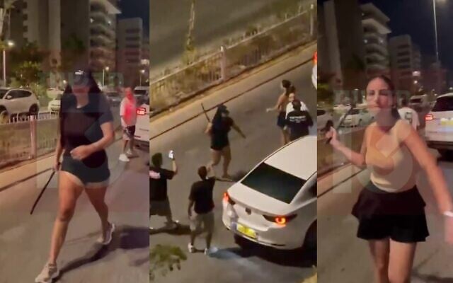 Screenshots from social media footage show women assaulting a motorist in Kfar Yona, August 23, 2026. (Channel 13 and X, used in accordance with Clause 27a of the Copyright Law)