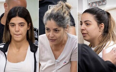 (L-R) Agam Tsarafi, Linor Sasson and Shilat Houta, suspects in the murder of Benayahu Razi last month in Jerusalem, are brought to a court hearing at the Jerusalem District Court, August 7, 2026. (Chaim Goldberg/FLASH90)