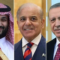 Left to right: Saudi Crown Prince Mohammed bin Salman in Ankara, Turkey, June 22, 2022 (AP Photo/Burhan Ozbilici); Pakistani Prime Minister Shehbaz Sharif in Islamabad, Pakistan, April 11, 2026 (Pakistan Prime Minister Office via AP); Recep Tayyip Erdogan in Istanbul, Turkey, June 22, 2022. (AP Photo/Burhan Ozbilici)