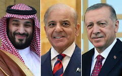 Left to right: Saudi Crown Prince Mohammed bin Salman in Ankara, Turkey, June 22, 2022 (AP Photo/Burhan Ozbilici); Pakistani Prime Minister Shehbaz Sharif in Islamabad, Pakistan, April 11, 2026 (Pakistan Prime Minister Office via AP); Recep Tayyip Erdogan in Istanbul, Turkey, June 22, 2022. (AP Photo/Burhan Ozbilici)