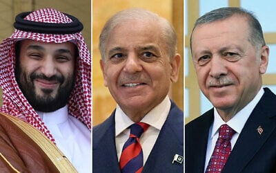Left to right: Saudi Crown Prince Mohammed bin Salman in Ankara, Turkey, June 22, 2022 (AP Photo/Burhan Ozbilici); Pakistani Prime Minister Shehbaz Sharif in Islamabad, Pakistan, April 11, 2026 (Pakistan Prime Minister Office via AP); Recep Tayyip Erdogan in Istanbul, Turkey, June 22, 2022. (AP Photo/Burhan Ozbilici) Left to right: Saudi Crown Prince Mohammed bin Salman in Ankara, Turkey, June 22, 2022 (AP Photo/Burhan Ozbilici); Pakistani Prime Minister Shehbaz Sharif in Islamabad, Pakistan, April 11, 2026 (Pakistan Prime Minister Office via AP); Recep Tayyip Erdogan in Istanbul, Turkey, June 22, 2022. (AP Photo/Burhan Ozbilici)