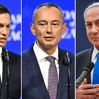 Left to right: White House adviser Jared Kushner, Board of Peace envoy Nickolay Mladenov, Prime Minister Benjamin Netanyahu. (Fabrice COFFRINI / AFP, Chaim Goldberg/ FLASH90)