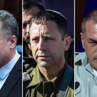 Left to right: Defense Minister Israel Katz, July 15, 2026. (Yonatan Sindel/ Flash90); IDF Central Command chief Maj. Gen. Avi Bluth, February 20, 2026. (Chaim Goldberg/Flash90); IDF Chief of Staff Eyal Zamir, July 12, 2026. (Chaim Goldberg/Flash90)