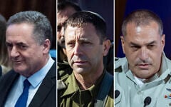 Left to right: Defense Minister Israel Katz, July 15, 2026. (Yonatan Sindel/Flash90); IDF Central Command chief Maj. Gen. Avi Bluth, February 20, 2026. (Chaim Goldberg/Flash90); IDF Chief of Staff Eyal Zamir, July 12, 2026. (Chaim Goldberg/Flash90)