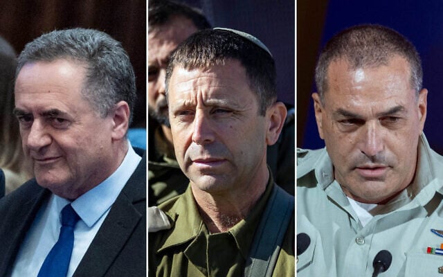 Left to right: Defense Minister Israel Katz, July 15, 2026. (Yonatan Sindel/Flash90); IDF Central Command chief Maj. Gen. Avi Bluth, February 20, 2026. (Chaim Goldberg/Flash90); IDF Chief of Staff Eyal Zamir, July 12, 2026. (Chaim Goldberg/Flash90)
