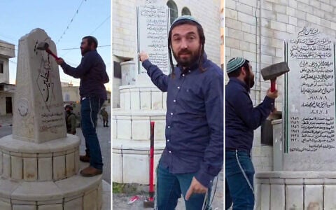 Far-right lawmaker Zvi Sukkot smashes a Palestinian 'Martyrs Monument' in the West Bank village of Madama, August 25, 2026. (MK Zvi Sukkot's office)
