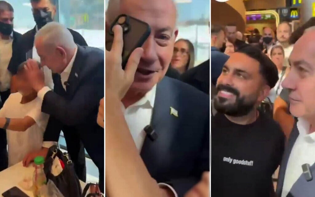 Screenshots from a video posted online by Prime Minister Benjamin Netanyahu, showing him taking selfies with children at a mall, August 13, 2026. (Screenshot/X)