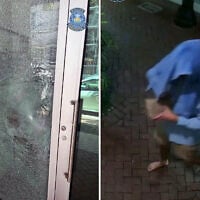 Suspect Brayton Laschinger (right), who allegedly smashed the window of the Chabad of Downtown SRQ in Sarasota, Florida, July 29, 2026. (Courtesy Sarasota Police Department)