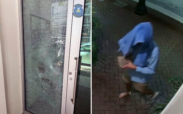 Suspect Brayton Laschinger (right), who allegedly smashed the window of the Chabad of Downtown SRQ in Sarasota, Florida, July 29, 2026. (Courtesy Sarasota Police Department)