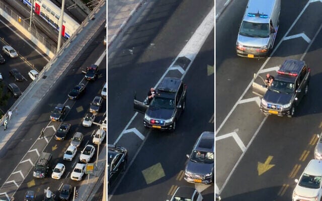 Footage shows an officer in  Prime Minister Benjamin Netanyahu's personal security unit drawing his assault rifle on a crowded highway during a routine drive by the premier's  convoy in Tel Aviv, August 19, 2026. (Screenshots/Social media, used in accordance with Clause 27a of the Copyright Law)