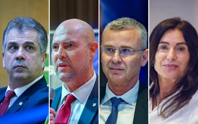 Left to right: Energy Minister Eli Cohen, Knesset Speaker Amir Ohana, Justice Minister Yariv Levin and Transportation Minister Miri Regev, top performers in the August 17, 2026, Likud party primary. (Yonatan Sindel, Sharon Leibel/Flash90)
