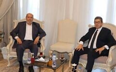 Egypt’s General Intelligence Service head, Hassan Rashad (right), hosts Hamas leader Khalil Al-Hayya in Cairo, August 16, 2026. (Via X, used in accordance with clause 27a of the copyright law)