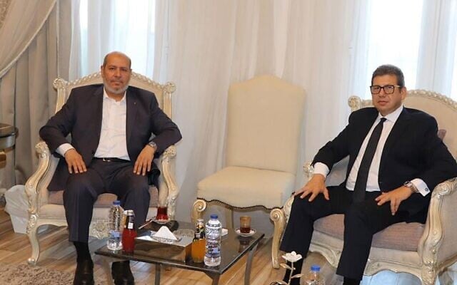 Egypt’s General Intelligence Service head, Hassan Rashad (right), hosts Hamas leader Khalil Al-Hayya in Cairo, August 16, 2026. (Via X, used in accordance with clause 27a of the copyright law)