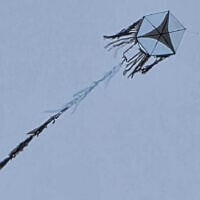 A kite, apparently flown from the Gaza Strip, seen flying over Kibbutz Nahal Oz, August 22, 2026. (Social media, used in accordance with Clause 27a of the Copyright Law)