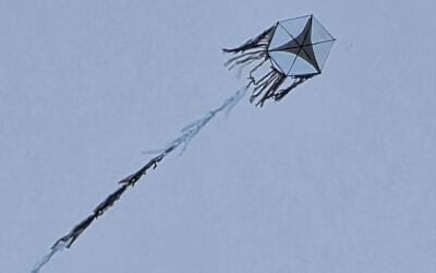 A kite, apparently flown from the Gaza Strip, seen flying over Kibbutz Nahal Oz, August 22, 2026. (Social media, used in accordance with Clause 27a of the Copyright Law)