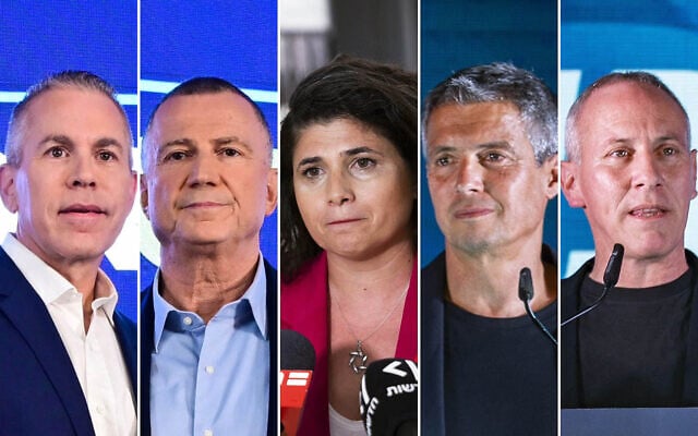 Left to right: Former minister Gilad Erdan and MK Yuli Edelstein in Tel Aviv, August 6, 2026. (Avshalom Sassoni/Flash90); Deputy Foreign Minister Sharren Haskel in Jerusalem, July 14, 2026. (Chaim Goldberg/Flash90); Yoaz Hendel and Hili Tropper in Jerusalem, August 5, 2026. (Yonatan Sindel/Flash90)