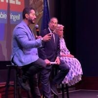 From left to right: Abdul El-Sayed, Michigan's Democratic candidate for US Senate, joins Maryland US Rep. Jamie Raskin and Michigan US Rep. Debbie Dingell for a town hall in Ann Arbor, Michigan, August 26, 2026. (Andrew Lapin/JTA)