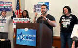 Michigan Democratic US Senate candidate Abdul El-Sayed addresses the state's Jewish Democratic Caucus during the party's nominating convention in Lansing, Michigan, August 29, 2026. (Andrew Lapin/JTA)