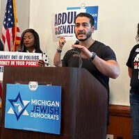 Michigan Democratic US Senate candidate Abdul El-Sayed addresses the state's Jewish Democratic Caucus during the party's nominating convention in Lansing, Michigan, August 29, 2026. (Andrew Lapin/JTA)
