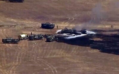 This image made from a video provided by KGTV shows the scene of an F-35 jet crash on July 31, 2026, near the Miramar Air Base in San Diego. (KGTV via AP) This image made from a video provided by KGTV shows the scene of an F-35 jet crash on July 31, 2026, near the Miramar Air Base in San Diego. (KGTV via AP)